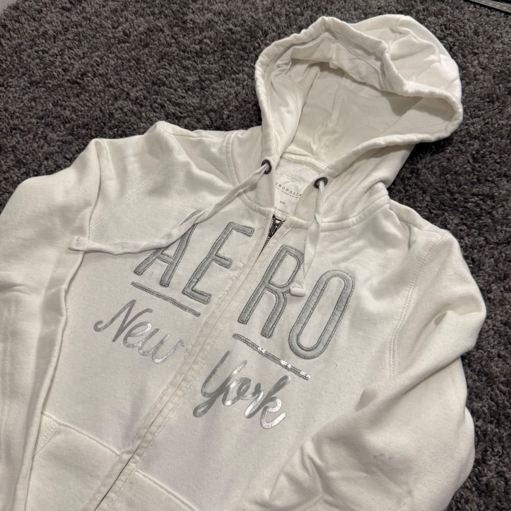 Y2K Aeropostale Full Zip Hoodie Womens White Excellent Silver Logo Graphic Med